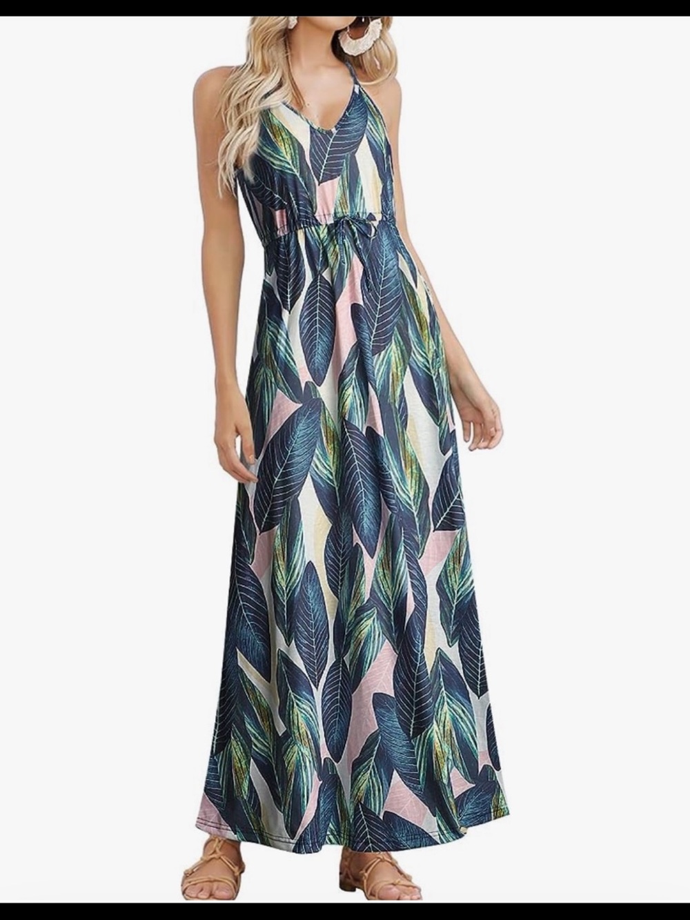 Women’s Navy Leaf Print Maxi Dress with Tie Waist
